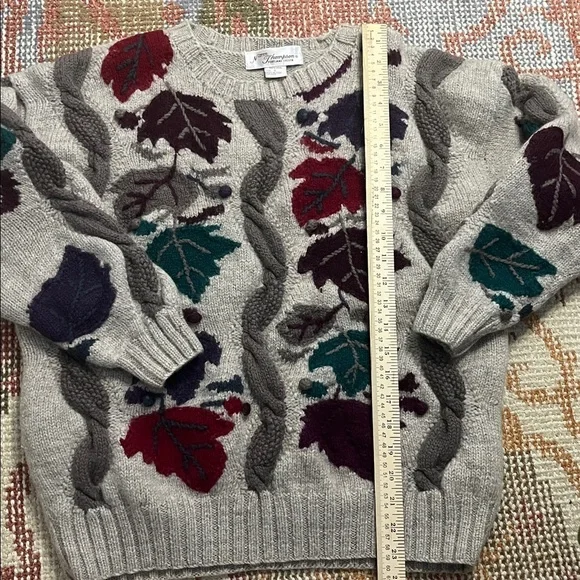 Vintage Norm Thompson Wool Leaf Design Grey Sweater Size L - Picture 2 of 7
